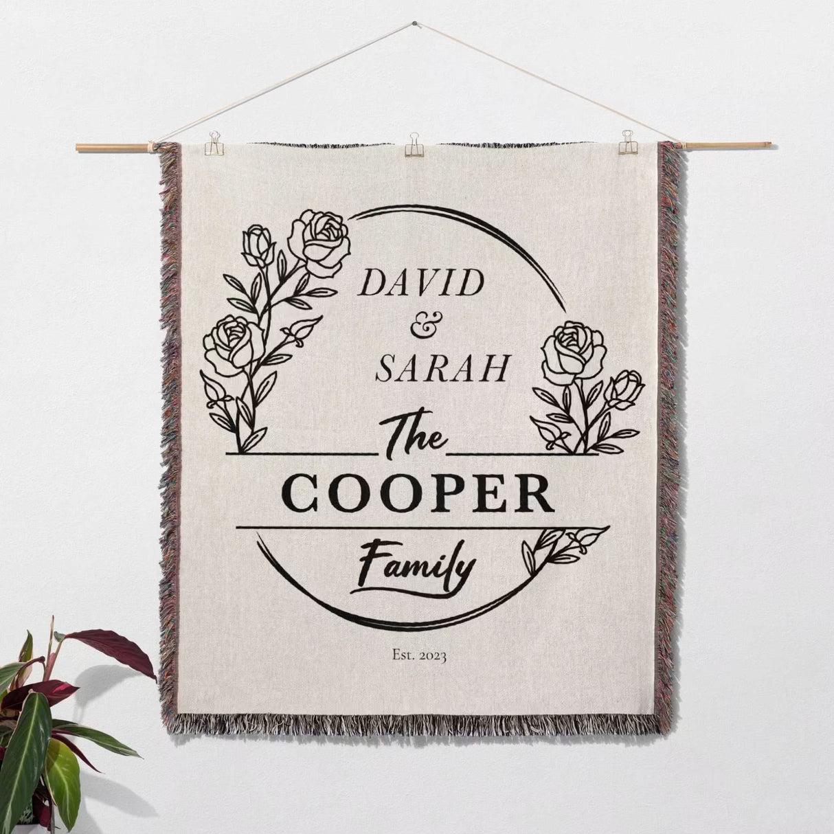 Personalized 2 year anniversary gift for wife woven throw blanket tapestry with roses and text on a white background