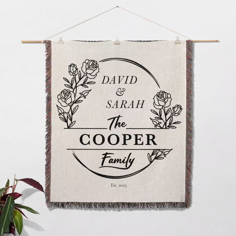 Personalized 2 year anniversary gift for wife woven throw blanket tapestry with roses and text on a white background