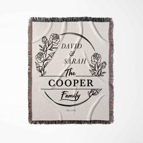 Personalized 2 year anniversary gift for wife woven throw blanket with floral design and text full view on a white background
