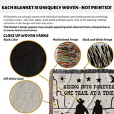 Text and close-up images of woven yarns with a personalized cowboy and cowgirl cotton anniversary gift woven throw blanket design featuring text and silhouettes.