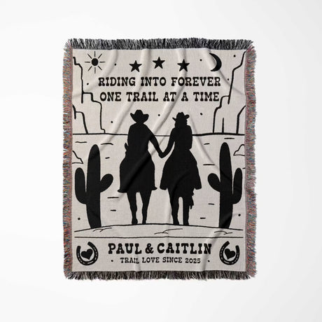 Personalized cowboy and cowgirl cotton anniversary gift woven throw blanket full view with cowboy design and text on a white background