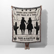 Personalized cowboy and cowgirl cotton anniversary gift woven throw blanket with cowboy design and text, held by a person on a white background