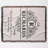 Personalized family name blanket - new home unique housewarming gift with floral design and text full view on a light background