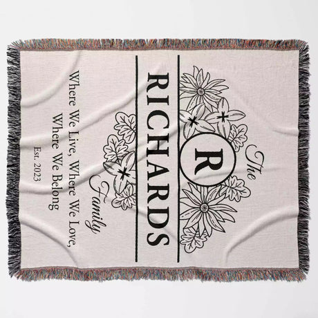 Personalized family name blanket - new home unique housewarming gift with floral design and text full view on a light background