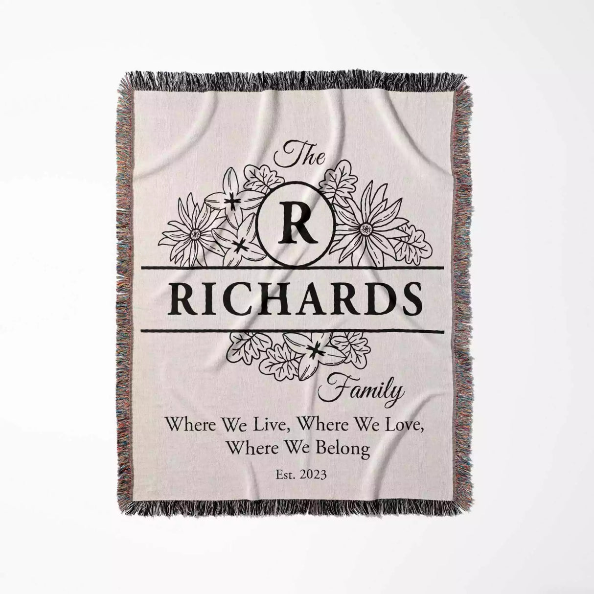 Personalized family name blanket - new home unique housewarming gift with floral design and text flat lay on a white background