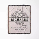 Personalized family name blanket - new home unique housewarming gift with floral design and text flat lay on a white background