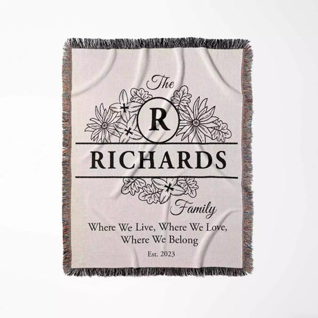 Personalized family name blanket - new home unique housewarming gift with floral design and text flat lay on a white background