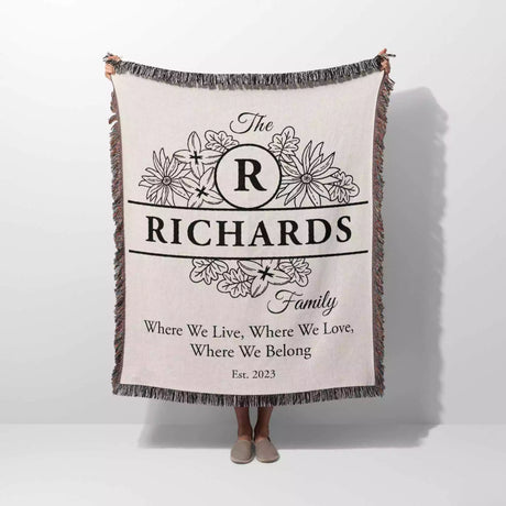 Personalized family name blanket - new home unique housewarming gift with 'The Richards Family' design on a white background