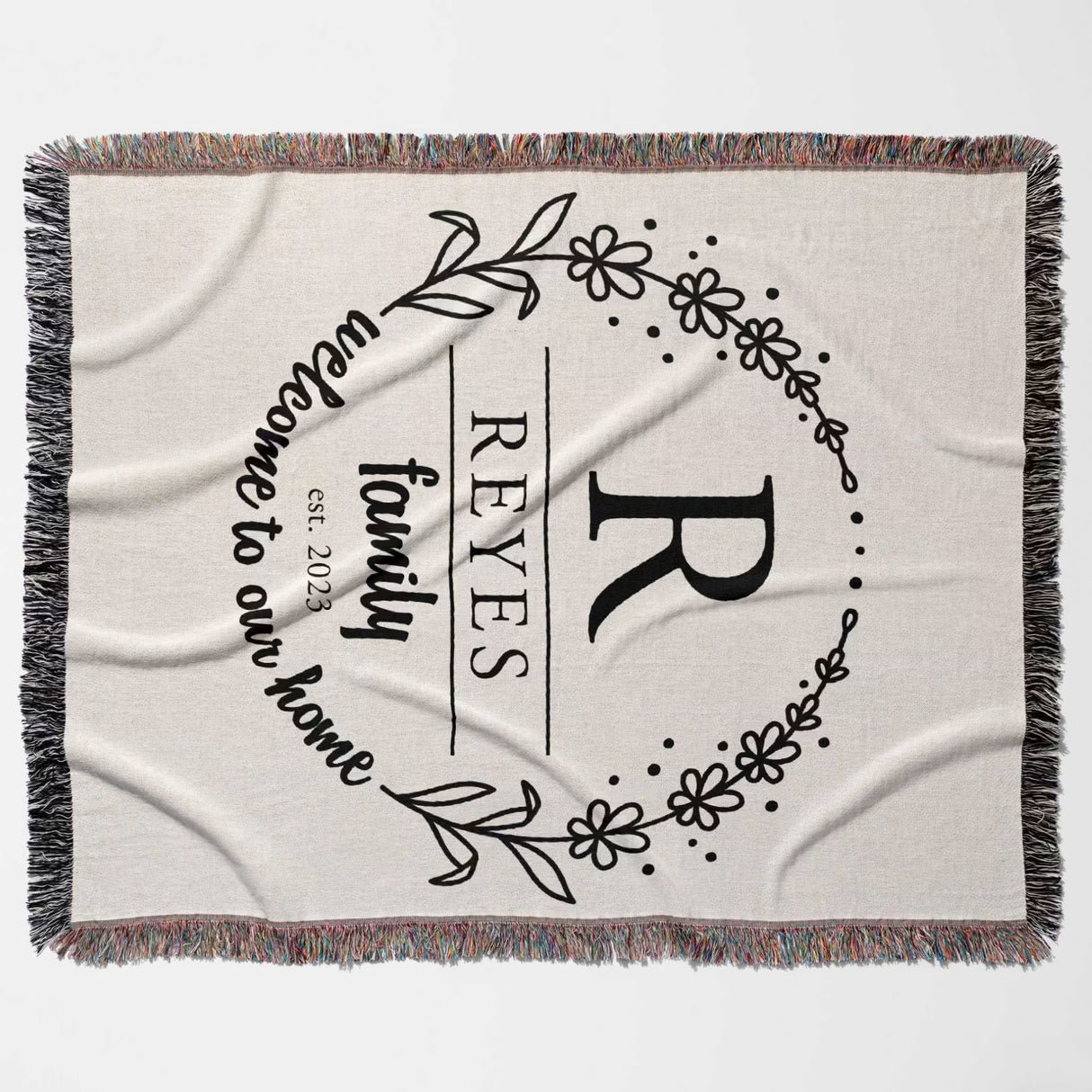 Personalized family name woven blanket rustic home décor gift full view with decorative text and monogram on a white background