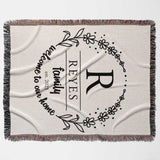 Personalized family name woven blanket rustic home décor gift full view with decorative text and monogram on a white background