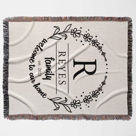 Personalized family name woven blanket rustic home décor gift full view with decorative text and monogram on a white background