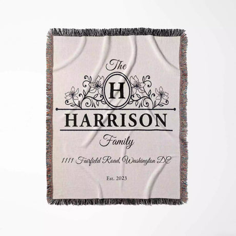 Personalized family name and address blanket with 'Harrison Family' design flat lay on a white background