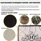 Product description of personalized family name and address blanket with close-up details and color options.