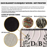 Product description of personalized gift for couple unique cotton anniversary gift woven blanket with close-up details and branding.