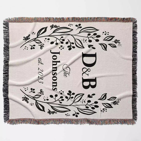 Personalized gift for couple unique cotton anniversary gift woven blanket flat lay on a light background