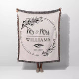 Personalized blanket with 'Mr & Mrs Williams' text and flowers on a white background