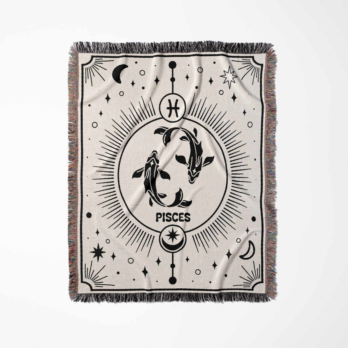 The Pisces Zodiac Blanket, with its intricate black and white design, is ideal for birthday gifts. Featuring the Pisces fish and zodiac symbol, it adds an astrological touch to any living space.