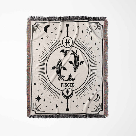 The Pisces Zodiac Blanket, with its intricate black and white design, is ideal for birthday gifts. Featuring the Pisces fish and zodiac symbol, it adds an astrological touch to any living space.