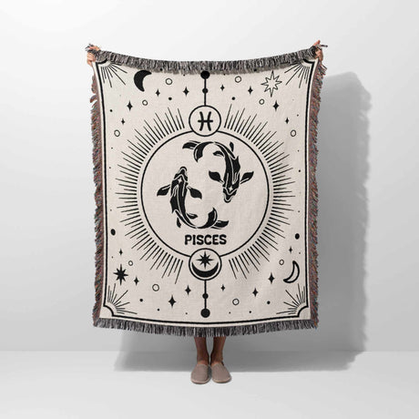 Fully extended, the Pisces Zodiac Blanket features the Pisces fish and zodiac symbol. This unique birthday gift for women and men adds an astrological touch to any room.