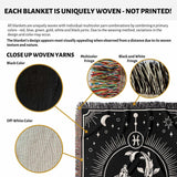 Image shows a close-up view of the Pisces Zodiac Blanket's woven yarns. Highlighted features include the black color, off-white color, multicolor fringe, and black and white fringe. The blanket's design is intricately woven using a combination of primary colors.