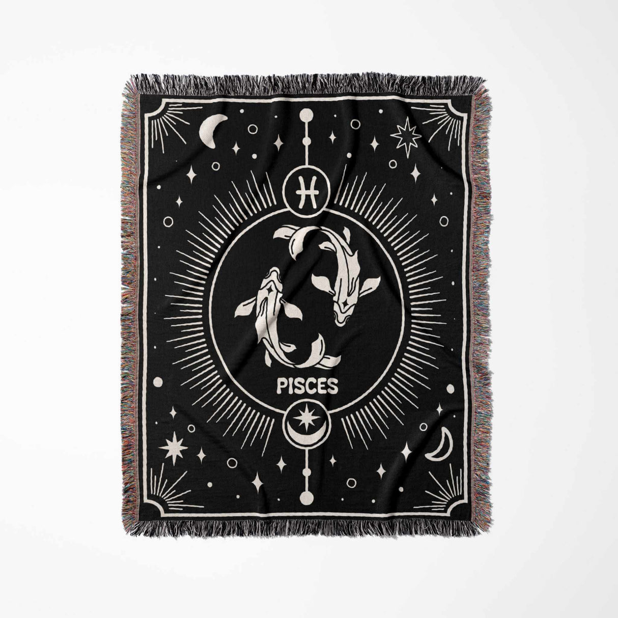 A vertical flat image of the Pisces Zodiac Blanket displaying its full design. The blanket features the Pisces symbol prominently in the center, with detailed celestial designs and a multicolored fringe.