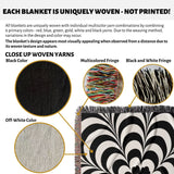 Product description of black and white psychedelic flower woven blanket throw tapestry with close-up details and color options.