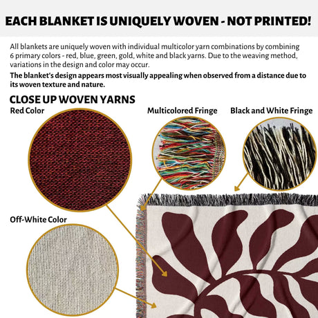 Product description of red leaf Matisse throw blanket with close-up details and color options.