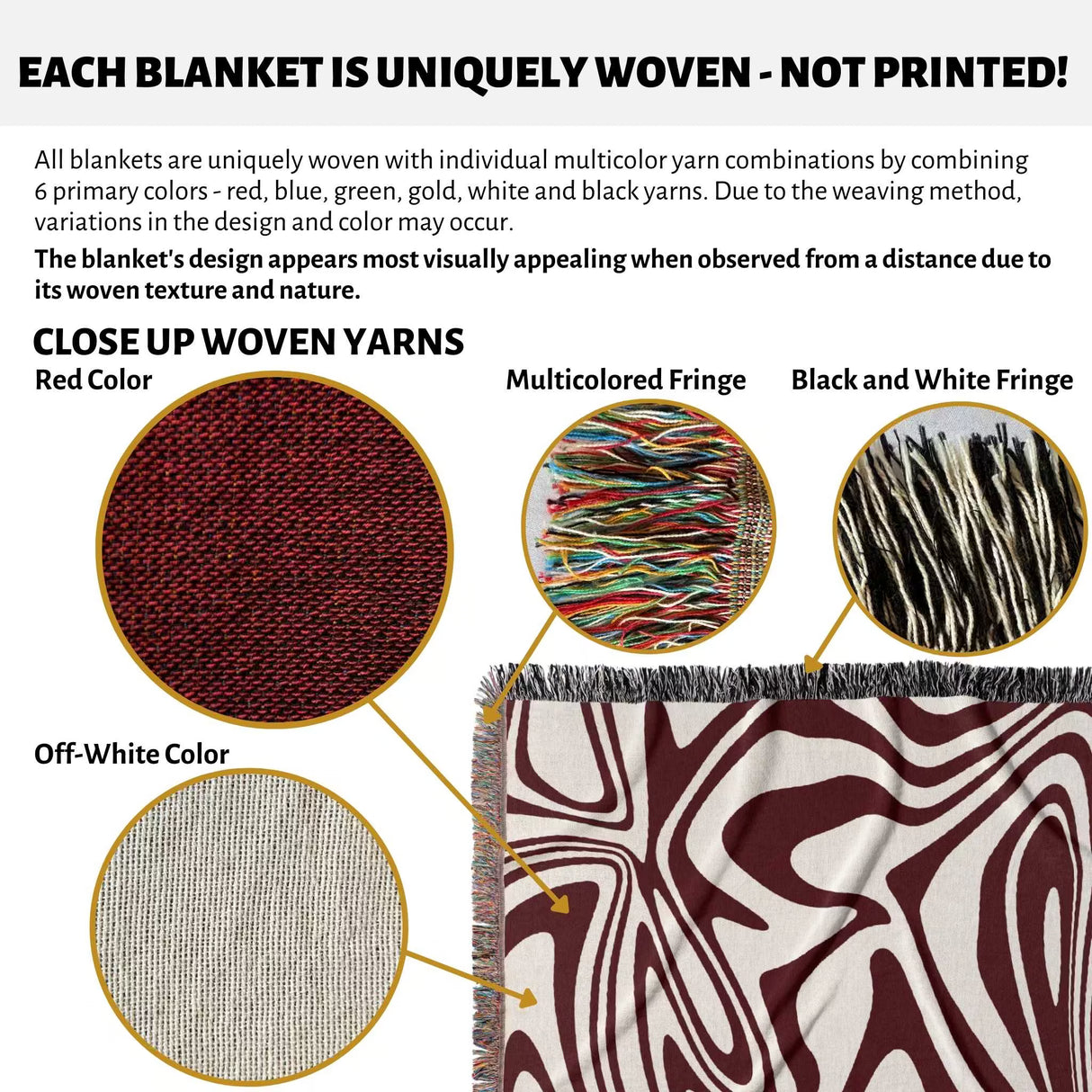 Red marble woven throw blanket for couch info card with close-up details and text about uniqueness of weaving.