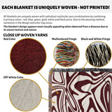 Red marble woven throw blanket for couch info card with close-up details and text about uniqueness of weaving.