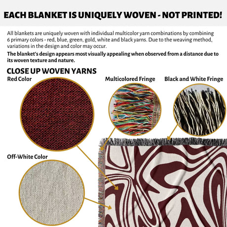 Red marble woven throw blanket for couch info card with close-up details and text about uniqueness of weaving.