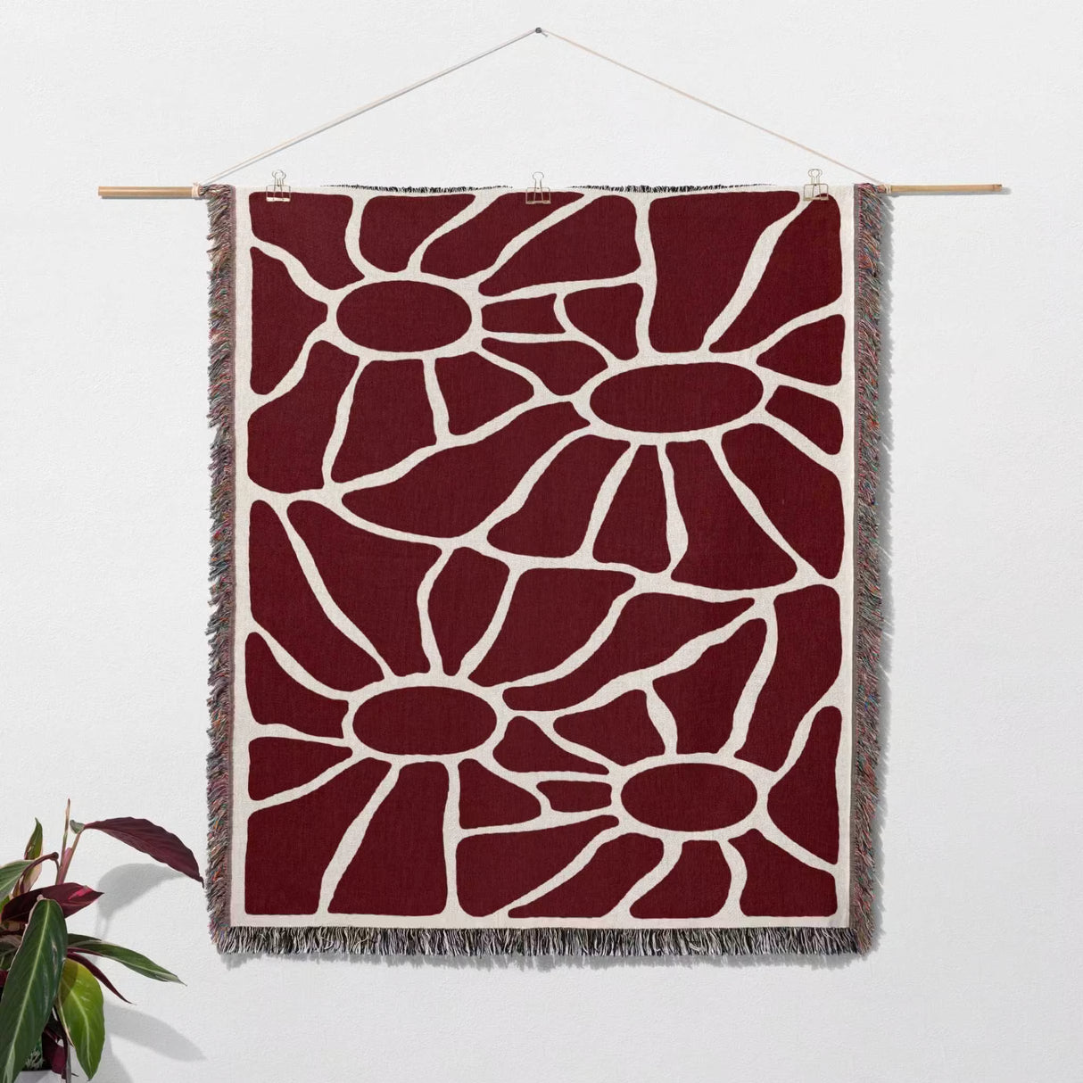 Red Matisse tapestry throw blanket for couch and chair as woven wall art with a red and white pattern on a white background