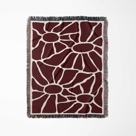 Red Matisse tapestry throw blanket for couch and chair with fringe vertically flat on a white background