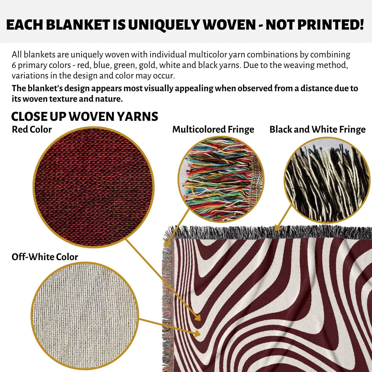 Product description of red modern decorative woven throw blanket with close-up details and color options.