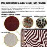 Product description of red modern decorative woven throw blanket with close-up details and color options.