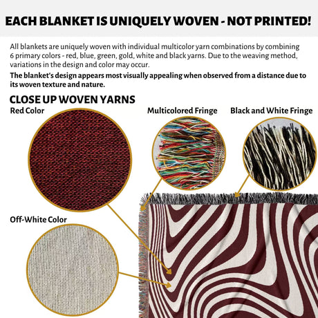 Product description of red modern decorative woven throw blanket with close-up details and color options.