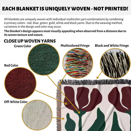 Red and green Matisse flower woven throw blanket with close-up views of woven yarns and a blanket with floral design.