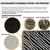 Close-up of woven yarns and black and white retro abstract art woven blanket throw tapestry with text explaining uniqueness of weaving.