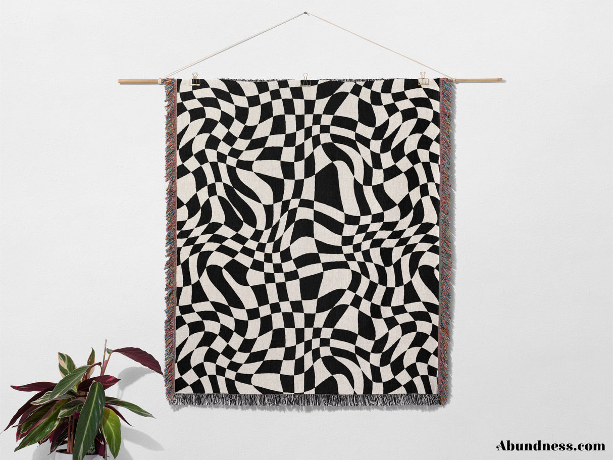 Funky Retro Style Black and White Checker Woven Throw Blanket