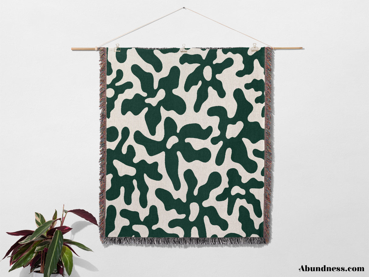 Retro Groovy Forest Green Flowers Woven Throw Blanket and Tapestry