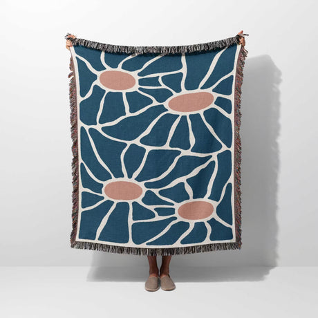 Retro style Matisse inspired tapestry throw blanket for couch with blue and red design on a white background