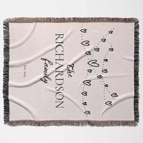 Romantic anniversary custom name blanket flat lay with 'Richardson Family' text and decorative elements on a light background