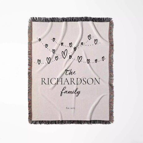 Romantic anniversary custom name blanket with 'The Richardson family' text and heart designs full product view on a light background