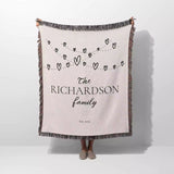 Romantic anniversary custom name blanket with 'The Richardson family' text and heart string design on a white background