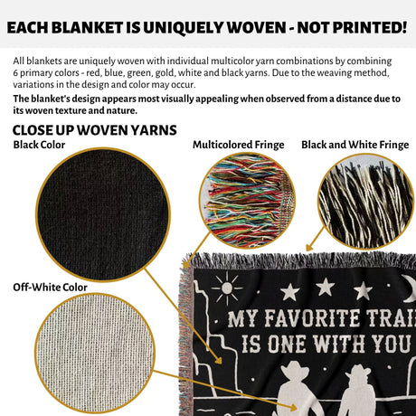 Text and images describing romantic cowboy and cowgirl 2nd anniversary gift woven throw blanket with unique yarn combinations and a close-up of the fabric texture.