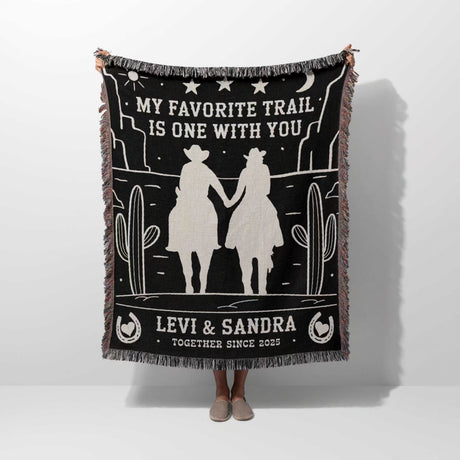 Romantic cowboy and cowgirl 2nd anniversary gift woven throw blanket with western design, text 'My Favorite Trail is One with You' and personalized names and year.