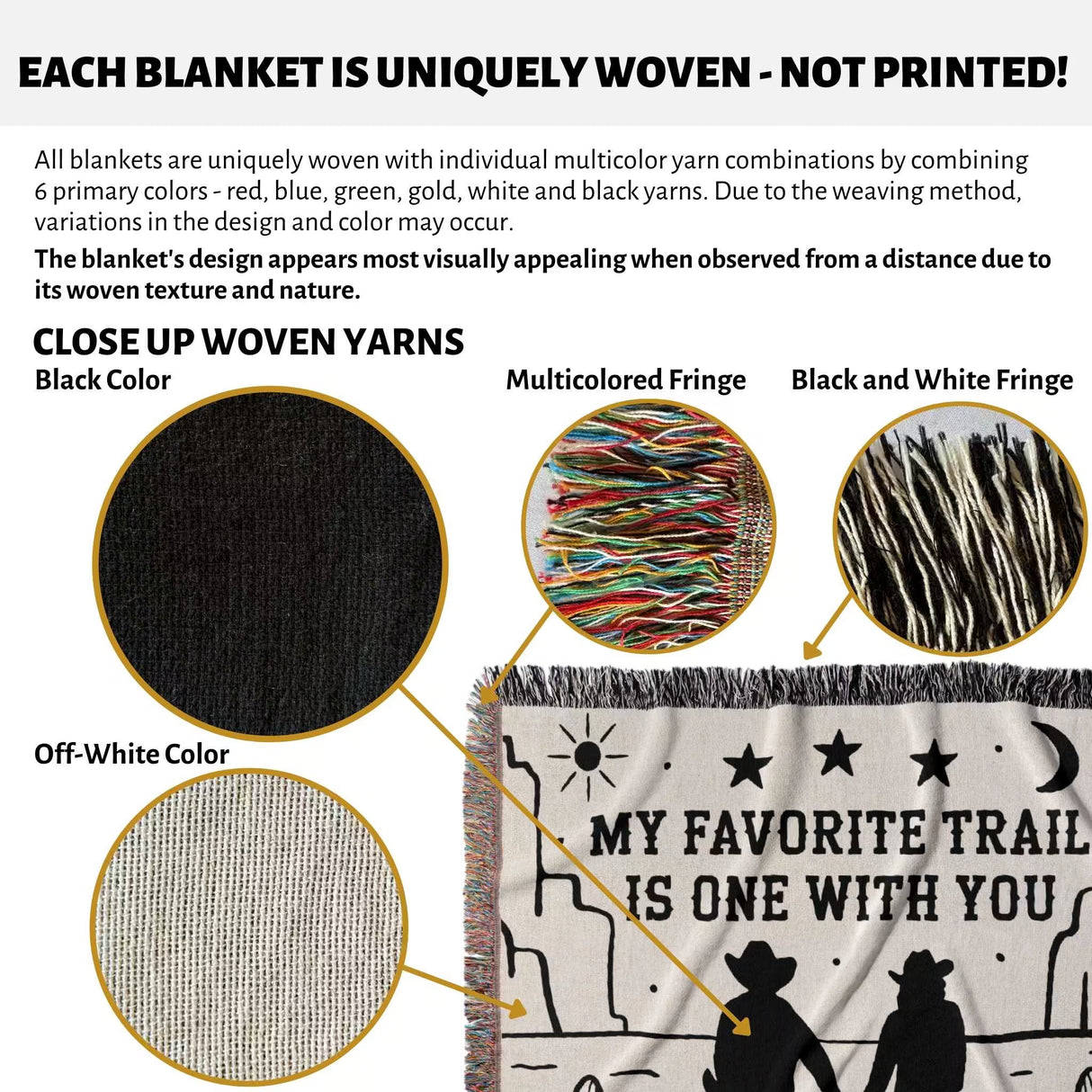 Romantic cowboy and cowgirl cotton anniversary gift – woven throw blanket with text 'My Favorite Trail is One with You' and close-up details of woven yarns.