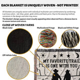 Romantic cowboy and cowgirl cotton anniversary gift – woven throw blanket with text 'My Favorite Trail is One with You' and close-up details of woven yarns.