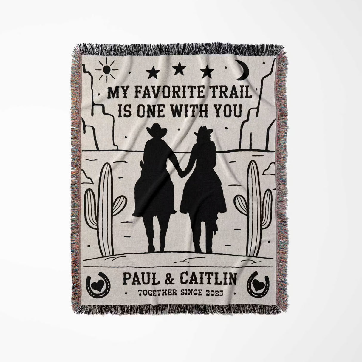 Romantic cowboy and cowgirl cotton anniversary gift – woven throw blanket full view with cowboy silhouette design and personalized text on a white background