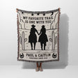 Romantic cowboy and cowgirl cotton anniversary gift – woven throw blanket with cowboy silhouette design and personalized text on a white background
