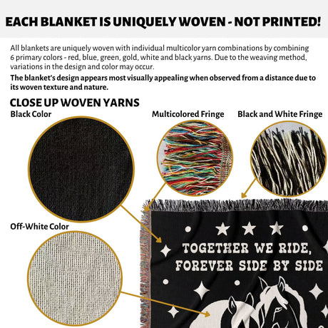 Product description of romantic western 2nd anniversary gift - woven throw blanket with close-up details and text about uniqueness.